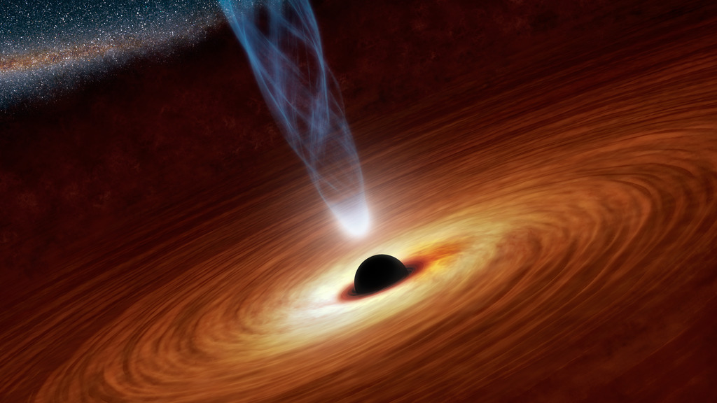 Artists impression of material spiraling into an actively feeding black hole.